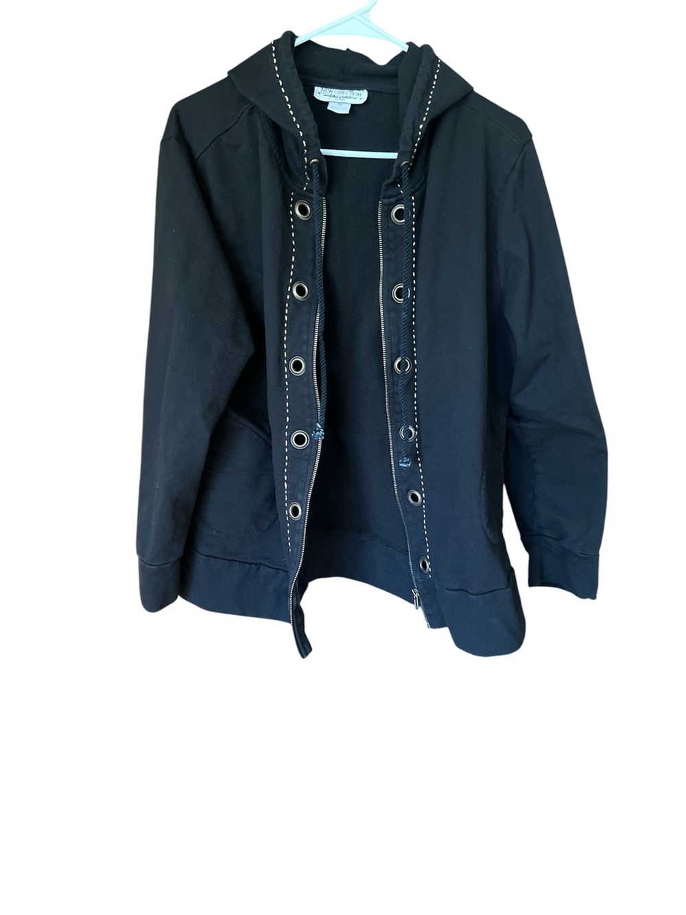 New directions Black Hooded zip
Jacket with Grommet Trim down the front